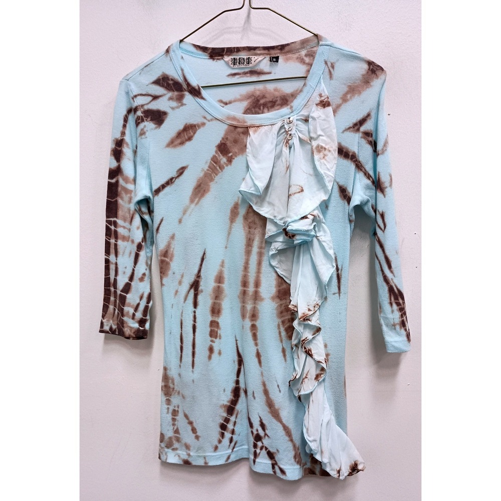 VTG Y2K IDI by Matthew Tie Dye Ruffle Top Womens Small Blue Brown 3/4 Sleeve